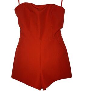 She + Sky Strapless Romper Sz S Red Lined Pockets Shorts Fitted Pinup Rockabilly